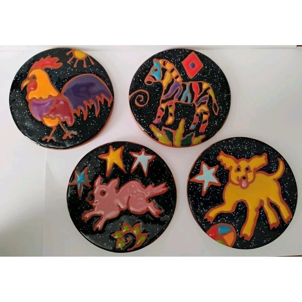 Vtg Painted Terracotta Celestial Farm Animals Coasters Trivets Set 4 Chicken Pig